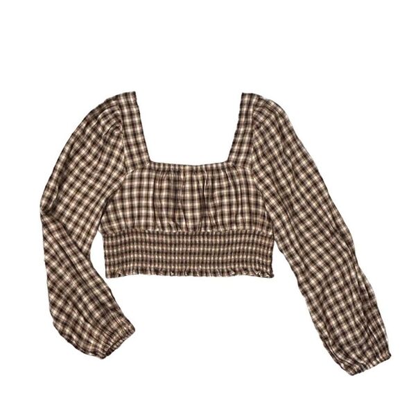 NEW BP. Joria Text Tan and Black Plaid Crop Top - Picture 1 of 6